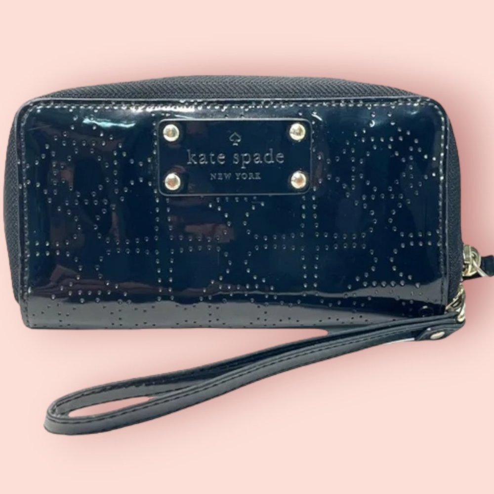 Kate Spade ♠️ Black Patent Leather Jazzy Metro zip around wallet w/ wrist strap